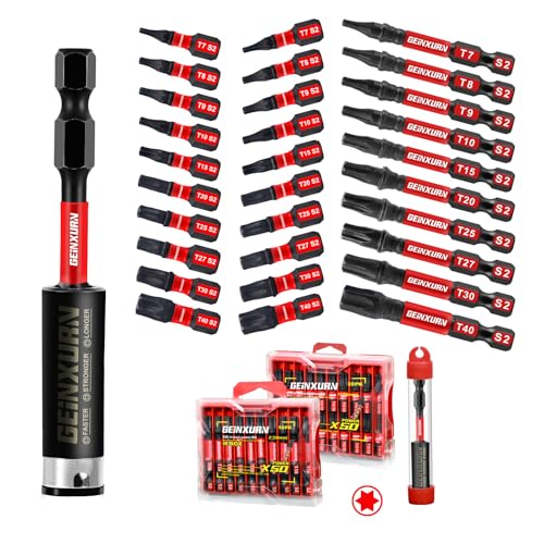 Geinxurn 30 Pieces (T7-T40) Impact Screwdriver Bit Set, Magnetic Multi-Torx Head Power Bits,S2 Alloy Steel Star Bits with 1 Pc Impact Bit Holder and Storage M-Box - color: 31 Pcs, size: T7-T40 - 1 in & 2 in