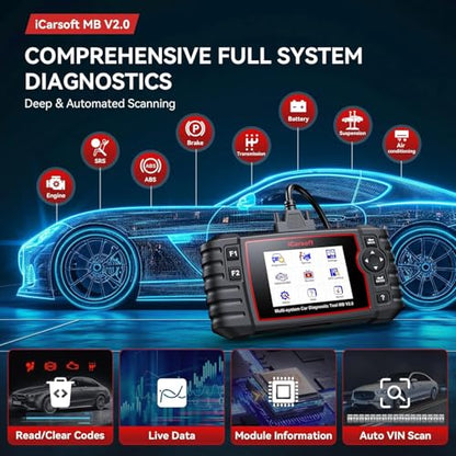 iCarsoft MB V2.0 OBD2 Scanner Diagnostic Tool for Benz/Sprinter/Smart Full System Code Reader with 9 Resets Oil/SAS/EPB/ETC/BMS/BLD/INJ/SAS/TPMS Reset AutoVIN Free Update Live Data Battery Test CAN