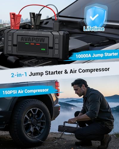 AVAPOW 10000A Jump Starter with Air Compressor, 12V Portable Jump Box | Starts All Gas & All Diesel, Built-in 150PSI Air Compressor, 30W PD Fast Charging, 4" HD Display, EVA Case - color: 10000A