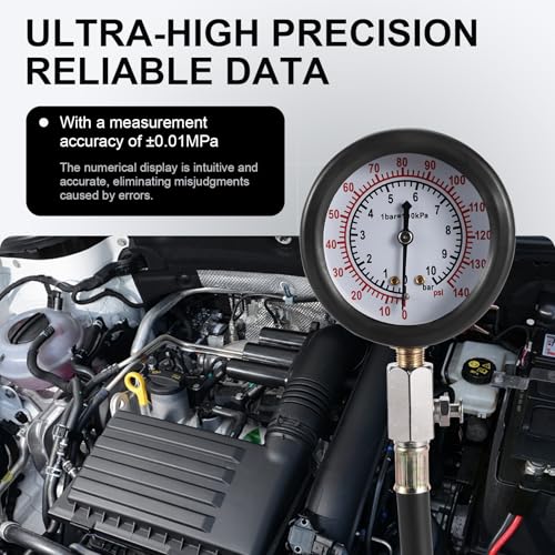 Oil Pressure Tester Kit, 0–140 PSI Engine Oil Pressure Gauge with Hose & Brass Adapters, Automotive Diagnostic Tool for Cars, Motorcycles, Small Diesel Engines, with Storage Case (red)