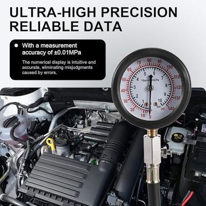 Oil Pressure Tester Kit, 0–140 PSI Engine Oil Pressure Gauge with Hose & Brass Adapters, Automotive Diagnostic Tool for Cars, Motorcycles, Small Diesel Engines, with Storage Case (red)