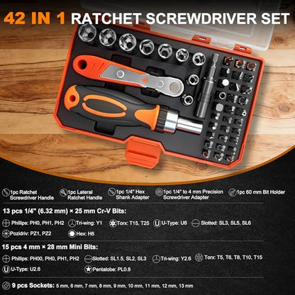 42 in 1 Ratcheting Screwdriver Set with Right Angle Wrench | Tool Kit for Bike Repair, Electronics, Household DIY - Portable Storage Case - style: 42pcs Ratchet Screwdriver Set