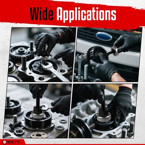 WETT Harmonic Balancer Installer Tool Set, 5-Piece Long Reach Crank Pulley Underdrive Damper Puller Installation Tool Kit, 4 threaded rods and 1 Bearing Press Hex Nut