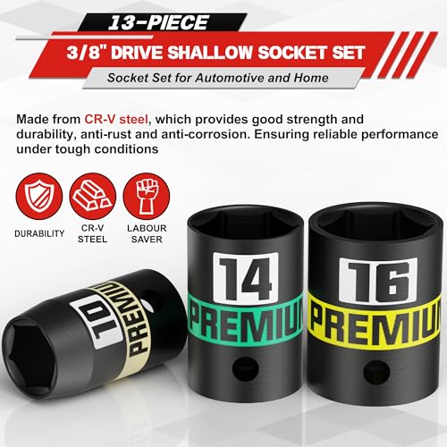 13-Piece 3/8" Drive Shallow Impact Socket Set, 7-19mm, Semi-Deep Sockets, CR-V, Socket Set for Automotive and Home, Metric, 6 Point Socket Set for Automotive and Home - size: 3/8" 13pcs Metric Shallow