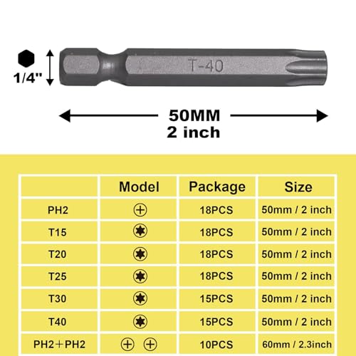 T40 Torx Bit Set, 15 PCS, 2 Inch | S2 Steel, High Torque Star Impact Driver, 1/4" Hex Shank Magnetic,Automotive Repair,Industrial Equipment,Heavy Duty Fastening - size: T40-15pcs