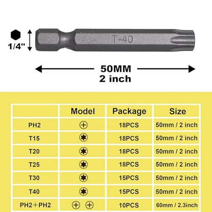 T40 Torx Bit Set, 15 PCS, 2 Inch | S2 Steel, High Torque Star Impact Driver, 1/4" Hex Shank Magnetic,Automotive Repair,Industrial Equipment,Heavy Duty Fastening - size: T40-15pcs