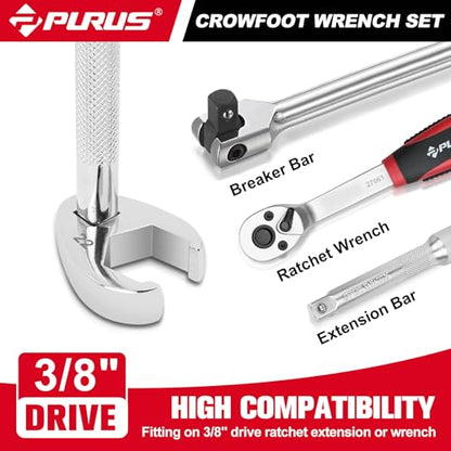 PURUS 10-Piece Metric 3/8" Drive Flare Nut Crowfoot Wrench Set (10-22mm), Innovative 5-Point Full-Contour Design for Tight Automotive & Plumbing Spaces, Custom Tool-Tray EVA Foam Organizer Included