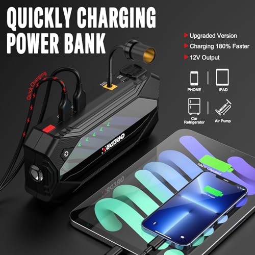 GREPRO Jump Starter (10L Gas & 8.0L Diesel Engines), 3000A Car Battery Jump Starter Battery Pack,12V Booster, Jump Box with Jumper Cables, Car Jumper with LED Light