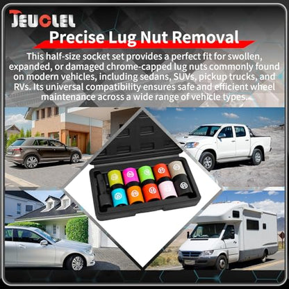 7PCS 1/2" Drive Half Sizes Lug Nut Socket Set, Thin Wall Impact Flip Sockets with Extension Bar Knockout Rod, 6 Point Non-Marring Thin Wall Double Ended for Removing Damaged Lug Nuts - size: 7Pcs (black)