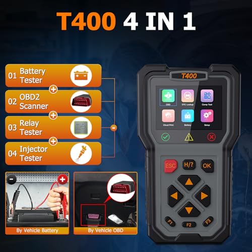 OBD2 Scanner and Battery Tester, 2-in-1 Car Diagnostic Tool, Check Engine Code Reader, 12V Battery Analyzer, Relay Tester, Fuel Injector Tester for Heavy Duty Truck, T400 - style: T400