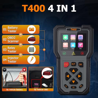 OBD2 Scanner and Battery Tester, 2-in-1 Car Diagnostic Tool, Check Engine Code Reader, 12V Battery Analyzer, Relay Tester, Fuel Injector Tester for Heavy Duty Truck, T400 - style: T400