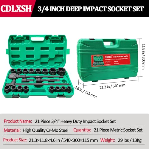 3/4" Drive Impact Socket Set, 21 Pcs Heavy Duty Large Socket Set | Cr-Mo Steel Standard 6-Point Metric Sockets(19mm-50mm), Includes Ratchet Wrench, Extension Bar, T Sliding Bar and Storage Box - style: 3/4in-21Pcs-Metric