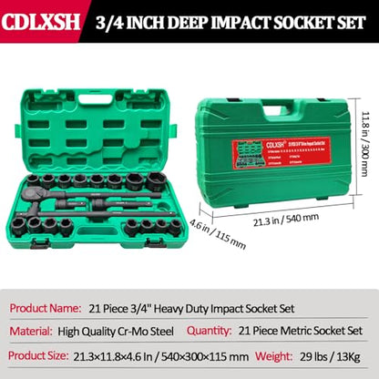 3/4" Drive Impact Socket Set, 21 Pcs Heavy Duty Large Socket Set | Cr-Mo Steel Standard 6-Point Metric Sockets(19mm-50mm), Includes Ratchet Wrench, Extension Bar, T Sliding Bar and Storage Box - style: 3/4in-21Pcs-Metric