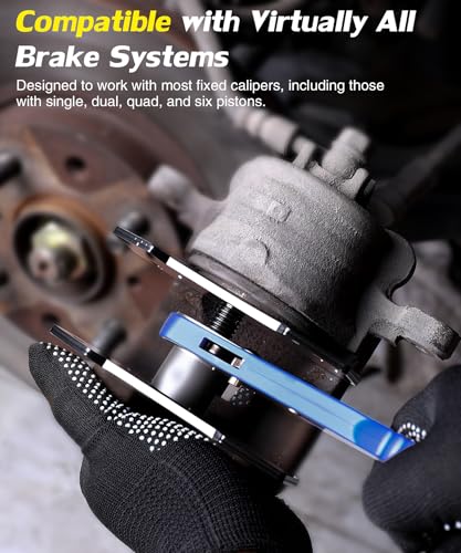 Brake Caliper Compression Tool,360° Swing Ratchet Switch With Additional 2 pcs Large Steel Plate and 2 Hooks&Nylon Grip Work Gloves for Single/Twin/Quad Piston,Disc Brake Repair/Car,Truck,SUV(Blue)