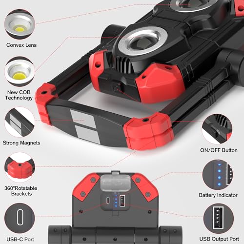 Adelante Rechargeable Work Lights 2 Pack, 2500LM, Magnetic Base, 360° Stand | 6500K, 5 modes, 4000mAh battery, up to 12 hr runtime, 4-hr USB-C charge, USB-A output, IPX4 water resistance for repairs
