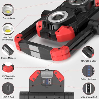 Adelante Rechargeable Work Lights 2 Pack, 2500LM, Magnetic Base, 360° Stand | 6500K, 5 modes, 4000mAh battery, up to 12 hr runtime, 4-hr USB-C charge, USB-A output, IPX4 water resistance for repairs