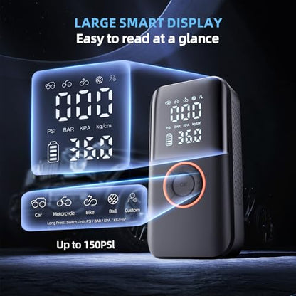 Portable Tire Inflator, 150PSI Cordless Air Compressor with 12V DC Power | Dual Power 5400mAh Air Pump, 6-Min Inflation, Auto Shut-off, Pressure Gauge, LED Light, Built-in Storage, for Car Bike Ball