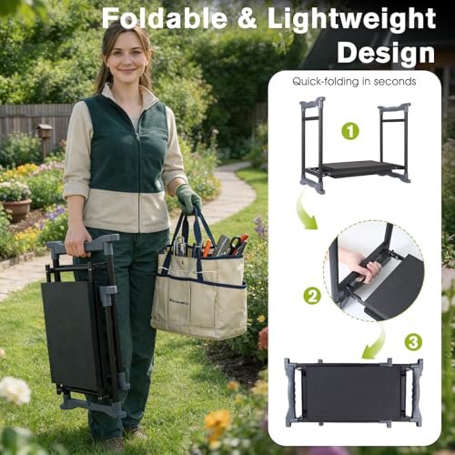 Garden Kneeler and Seat with Umbrella, 2-in-1 Foldable Gardening Stool with Adjustable Bracket, Detachable Tool Bags, Heavy Duty Kneeling Pad for Gardening (Beige Blue) - color: Beige & Blue