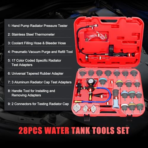JIFETOR Radiator Pressure Leak Tester Coolant Vacuum Refill Tool 28PCS Kit | Universal Automotive Water Tank Leakage Test Detector & Cooling System Pneumatic Purge Coolant Change Set 21PCS Adapter Caps - color: Red Case