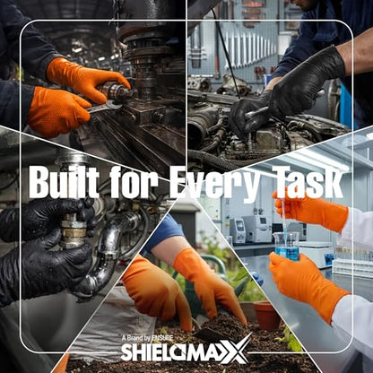 ShieldMaxx Heavy Duty Nitrile Gloves – 8 Mil Orange Industrial Glove Powder Latex Free Non-Sterile Diamond Texture Grip - size: Medium (Pack of 100)