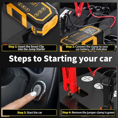 LEOWIN Jump Starter with Air Compressor Portable, Yellow | 4500A 12V Car Battery Jumper Starter (9.0 Gas/6.5L Diesel) with 150PSI Tire Inflator, with Smart Jumper Cables, LED Light - color: Yellow