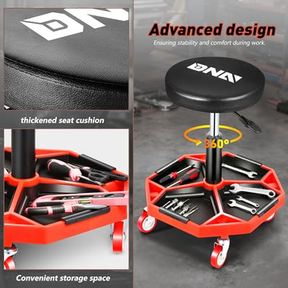 DNA Motoring TOOLS-00253 Adjustable Height Pneumatic Garage Seat Rolling Mechanic Stool with Tool Tray Storage,300lbs Max Weight Capacity - color: Red