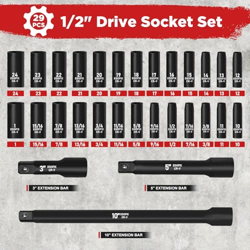 29 Pieces 1/2" Socket Set, Drive Deep Impact Socket Set with 3", 5", 10" Extension Bars, 6 Point SAE and Metric (3/8"-1", 10mm-24mm), Cr-V Steel - style: 1/2-29PCS