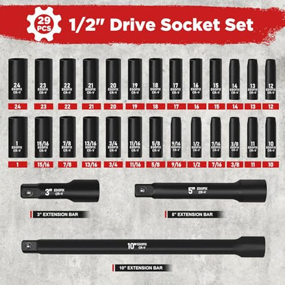 29 Pieces 1/2" Socket Set, Drive Deep Impact Socket Set with 3", 5", 10" Extension Bars, 6 Point SAE and Metric (3/8"-1", 10mm-24mm), Cr-V Steel - style: 1/2-29PCS