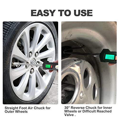 ATsafepro Chrome Plated Steel Dual Head Tire Inflator - 150 PSI, Backlight LCD & Flashlight, Rechargeable for Semi, Truck, RV & Cars