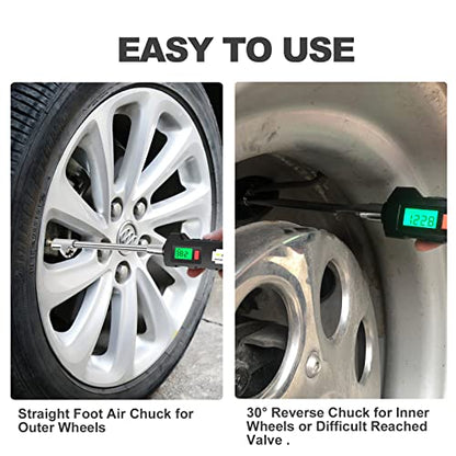 ATsafepro Chrome Plated Steel Dual Head Tire Inflator - 150 PSI, Backlight LCD & Flashlight, Rechargeable for Semi, Truck, RV & Cars