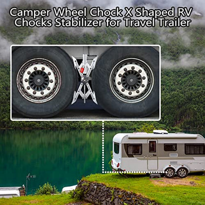Camper X-Shaped Wheel Chock Stabilizer, 2 Sets RV Stabilizer Wheel Chock Scissor, X Chocks Wheel Stabilizer for Travel Trailer Allow Drill Adjust with Hex Socket, Tool Kit and Password Locks-Silvery - color: silvery