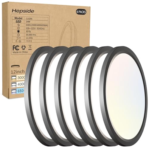 hepside 6PACK LED Flush Mount Ceiling Light,3000K-4000K-6500K & 150W Equivalent Modern Kitchen Recessed Ceiling Lamp 24W 3200Lm 12 Inch for Bathroom Closet Laundry Bedroom Hallway - color: Black, size: 12Inch-6pack