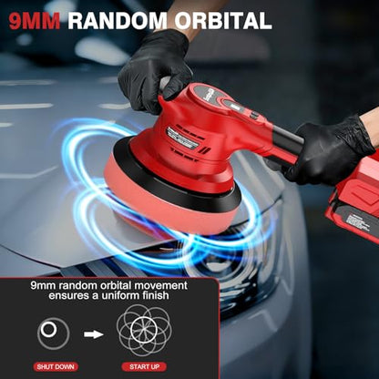 Brushless Cordless Car Buffer Polisher - SundpeyPRO 6 Inch Random Orbital Polisher with 8000RPM & 8 Variable Speed & 2 Battery & Fast Charger & 10PCs Polishing Kit for Waxing Polishing Scratch Removal