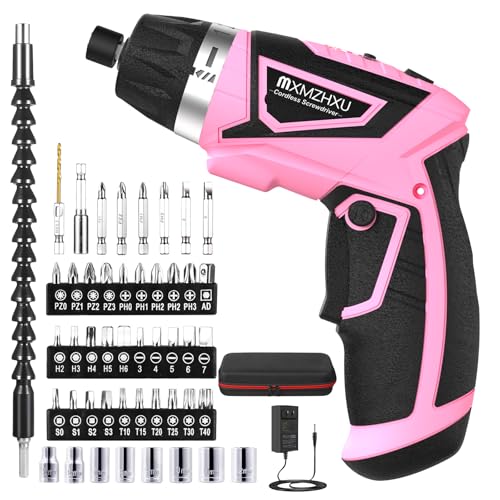 8V Cordless Screwdriver,6+1 Torque Max 10N·m Electric Power Screwdriver with 47 Accessories,180°Pivoting Handle, 2000mAh Rechargeable Screw Gun&Bit Set with LED Light, Flexible Shaft,for Home,Office - color: Pink-