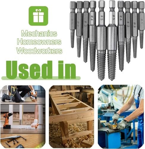 10 Piece Screw Extractor Set High-Speed Steel Easy Out Broken Bolt Removal Kit Damaged and Stripped Screws Remover Water Pipe Screw and Spiral Removing Tool with 1/4" Hex Shank