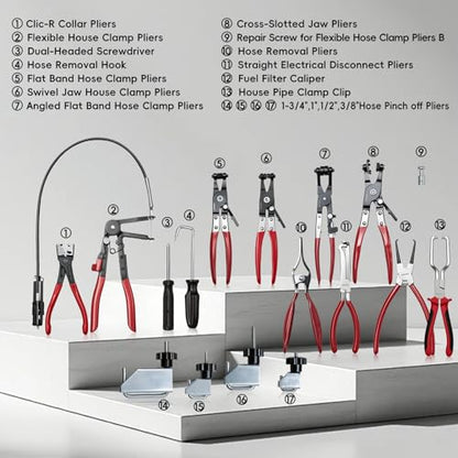 WISEUP 17pcs Hose Clamp Pliers Set, Hose Clamp Removal Tool with Electrical Disconnect Pliers & Long Reach Wire Spring Plier Set for Automotive Fuel, Oil, Coolant, Radiator Hoses