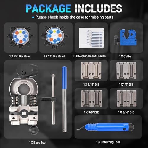 Brake Line Flaring Tool Kit, 45 and 37 Degree, Single, Double and Bubble Flare Tool, SAE and DIN, for 3/16", 1/4", 5/16", 3/8", 4.75mm Steel and Copper Tubing, Universal for Cars, Trucks, SUVs