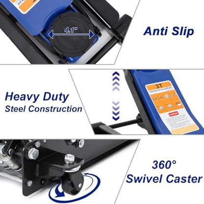 GarveeTech 3T Low Profile Floor Jack, Professional Low Profile Hydraulic Jack, Heavy Duty Steel Racing Floor Jack with Dual Piston Quick Lift Pump,Lift Range 3 in-19.5 in,Hydraulic Car Jack, Blue
