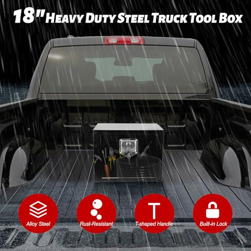 Heavy Duty Steel Plated Underbody Truck Tool Box with T-Handle Lock, Waterproof Tongue Box for Storage with Smooth Surface for Truck, Pickup, RV, Trailer - Black, 18" x 18" x 18" Inch - size: 18" x 18" x 18"