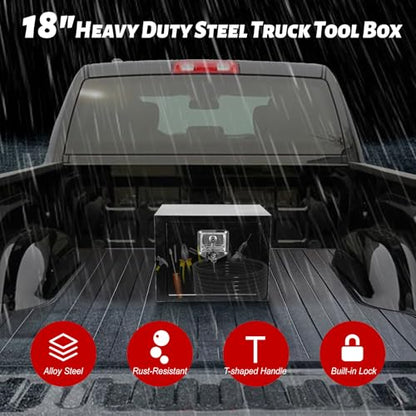 Heavy Duty Steel Plated Underbody Truck Tool Box with T-Handle Lock, Waterproof Tongue Box for Storage with Smooth Surface for Truck, Pickup, RV, Trailer - Black, 18" x 18" x 18" Inch - size: 18" x 18" x 18"
