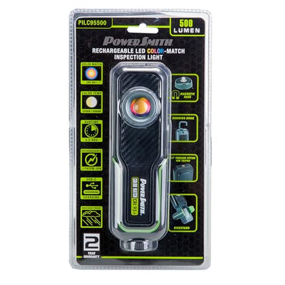 PowerSmith 500 LM Rechargeable LED Color Match (CRI 95+) Inspection Light, Two Color Temperatures 5000K/3500K, hanging hook, magnetic base with USB-C charging cable and 2 Year Warranty (PILC95500) | 500 Lumens, High Cri 95 Plus for Accurate Color Matching