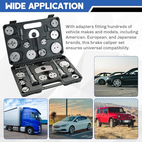 Universal Heavy-Duty Disc Brake Caliper Tool Kit | 24pcs Wind Back Tool Set for Brake Pad Replacement, Brake Caliper Compression Tool Fits most Vehicles (Black) - color: Black