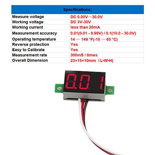Pack of 5 DC 0-30V Digital Volt Meter, 3-Wire Voltage Gauge, Red LED | Measures Below 3V | Calibratable | Reverse Polarity Protection