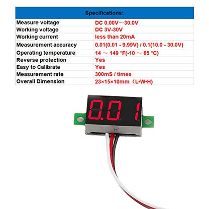 Pack of 5 DC 0-30V Digital Volt Meter, 3-Wire Voltage Gauge, Red LED | Measures Below 3V | Calibratable | Reverse Polarity Protection