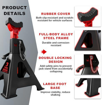 3 Ton (6,600 LBs) Jack Stands with Double Pin Locking,Rubber Cover and Large Foot Base,11"-17" Adjustable Height,Heavy Duty Car Jack Stands,Lifting SUV,MPV,Pickup Truck,ATV/UTV,1 Pair - color: red-standard, size: 3ton Load Capacity