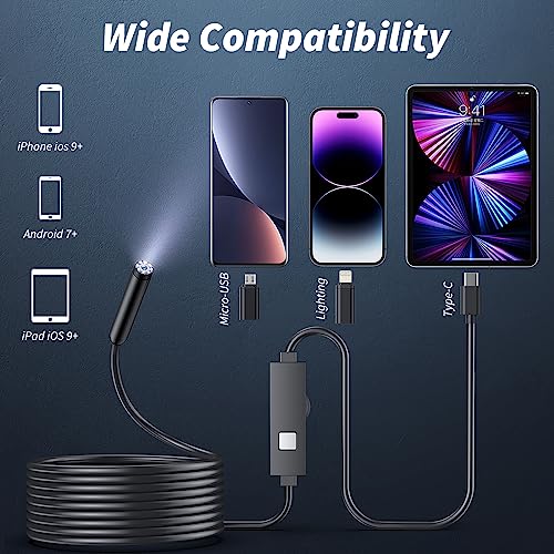Kinpthy Endoscope Camera with Light,1920P HD Borescope Tools with 8 Adjustable LED Lights, Endoscope with Semi-Rigid Snake Camera, Inspection Borescope for iOS and Android-16.4ft Single Lens - size: 16.4ft, style: Single lens