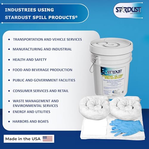 Stardust Spill Products D905P Oil Spill Kit with Portable Bucket | OSHA Approved, 15 Oil Absorbent Pads, 2 3x4' Absorbent Socks, 4 Disposal Bags & Nitrile Gloves, for Fast Response
