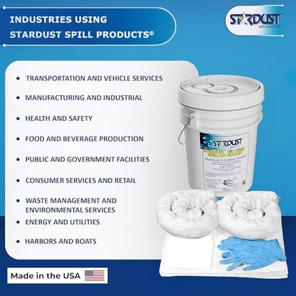 Stardust Spill Products D905P Oil Spill Kit with Portable Bucket | OSHA Approved, 15 Oil Absorbent Pads, 2 3x4' Absorbent Socks, 4 Disposal Bags & Nitrile Gloves, for Fast Response
