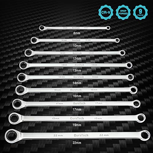 DURATECH Extra Long Ratcheting Wrench Set, Double Box End, Metric, 9-Piece | 8mm-22 mm, CR-V, 72-Tooth, 5° swing arc, 12-Point, More Torque, for Narrow Spaces, with EVA Foam Organizer - size: 9-Piece Set