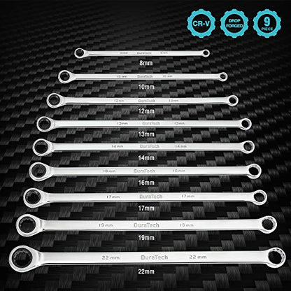 DURATECH Extra Long Ratcheting Wrench Set, Double Box End, Metric, 9-Piece | 8mm-22 mm, CR-V, 72-Tooth, 5° swing arc, 12-Point, More Torque, for Narrow Spaces, with EVA Foam Organizer - size: 9-Piece Set